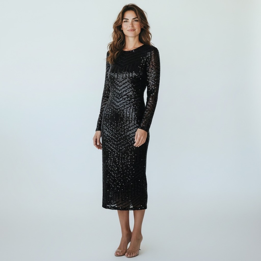Dress the Population Emery Sequin Midi Dress L Black Nude Bodycon Cocktail NWT
